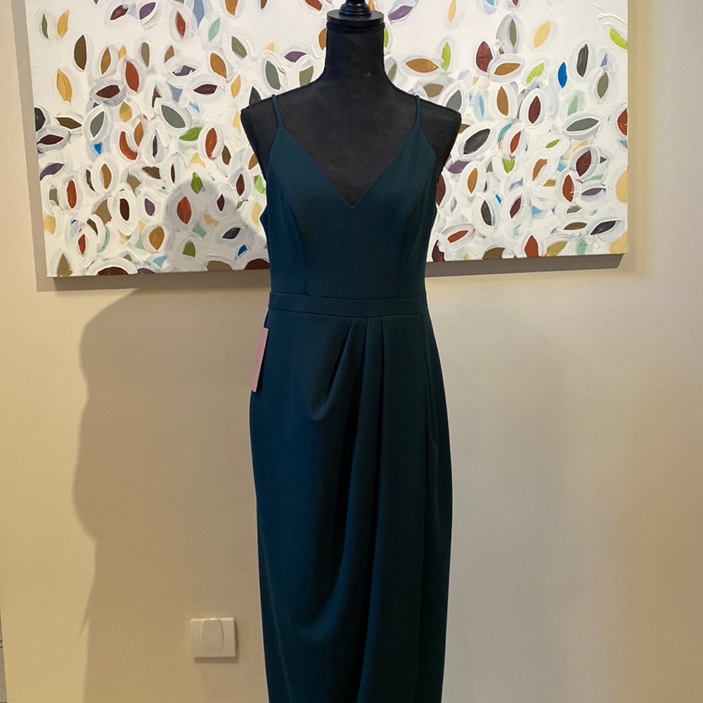 BHLDN Lyra V-Neck Wrap Skirt Crepe Midi Dress, Sz 8, Dark Emerald, New w/Tags